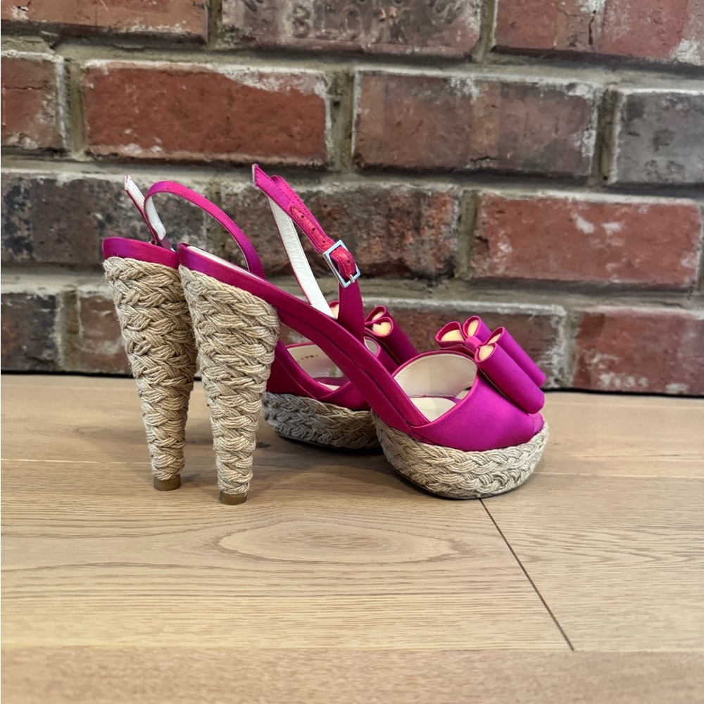Stuart Weitzman Pink and Raffia Platform Heels